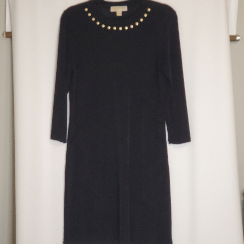 Michael Kors Size S, Black slinky soft knit 3/4 sl dress w/gold grommet trim